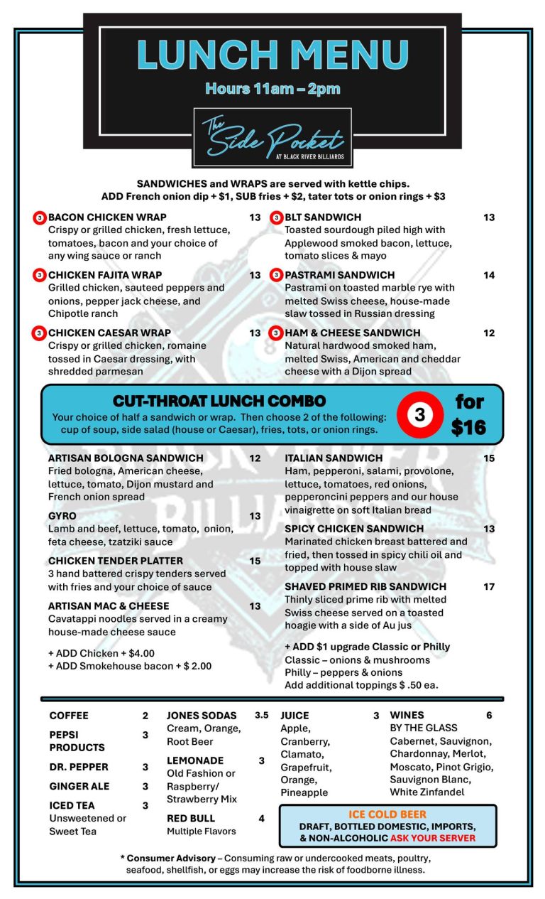The Side Pocket Lunch Menu – Front
