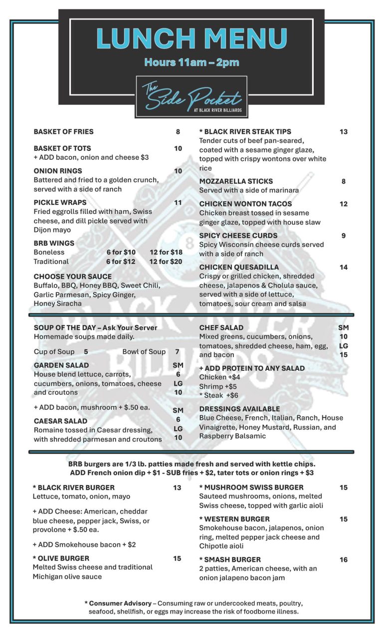 The Side Pocket Lunch Menu – Back